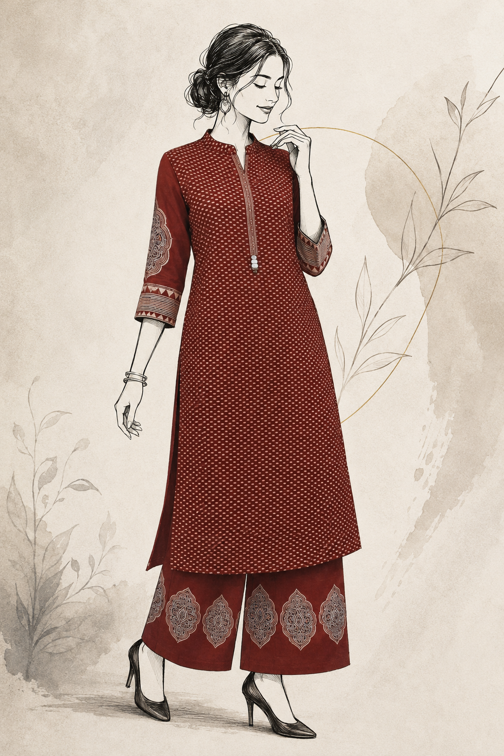 Rust Ajrakh-Style Cotton Printed Suit Set