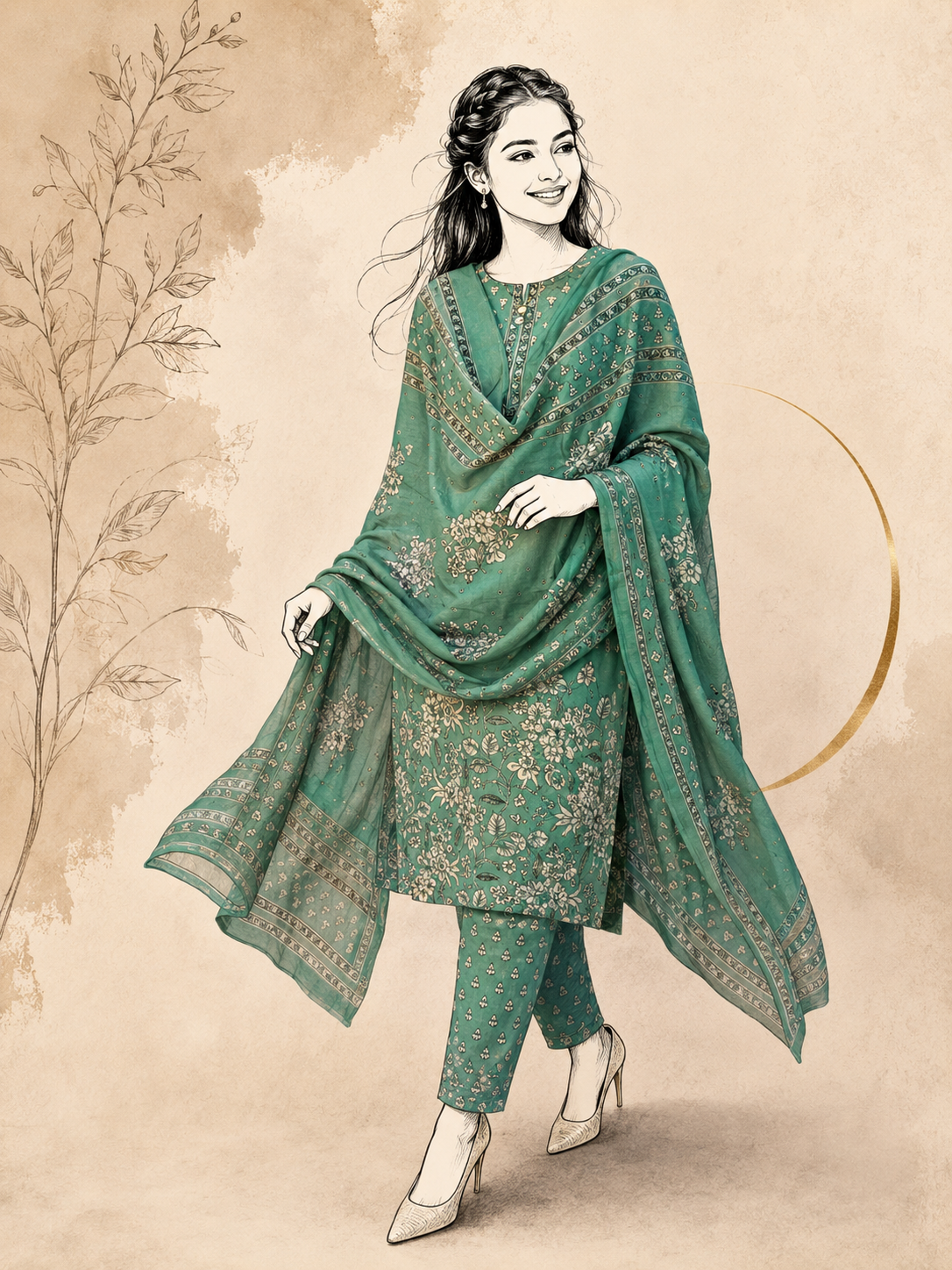 Sage Green Cotton Chanderi Printed Suit Set