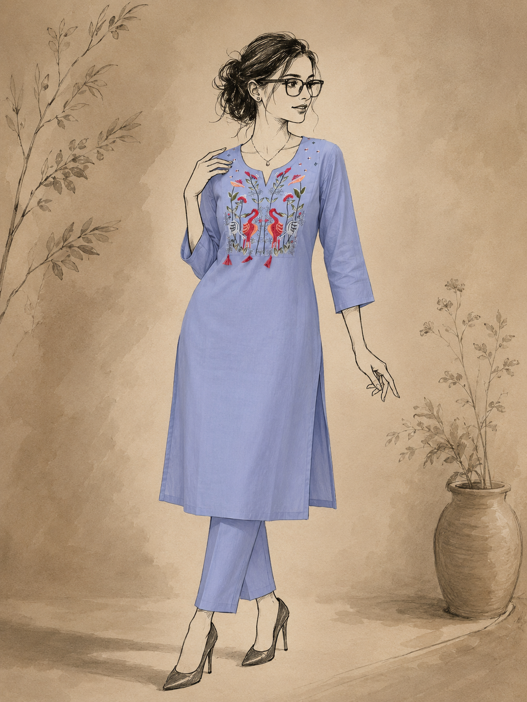 Powder Blue Handcrafted Cotton Embroidered Kurta Set