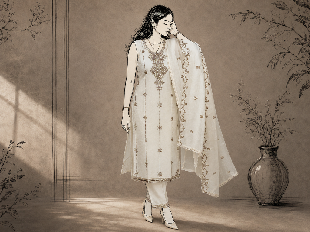 Ivory Organza Chanderi Embroidered Suit Set