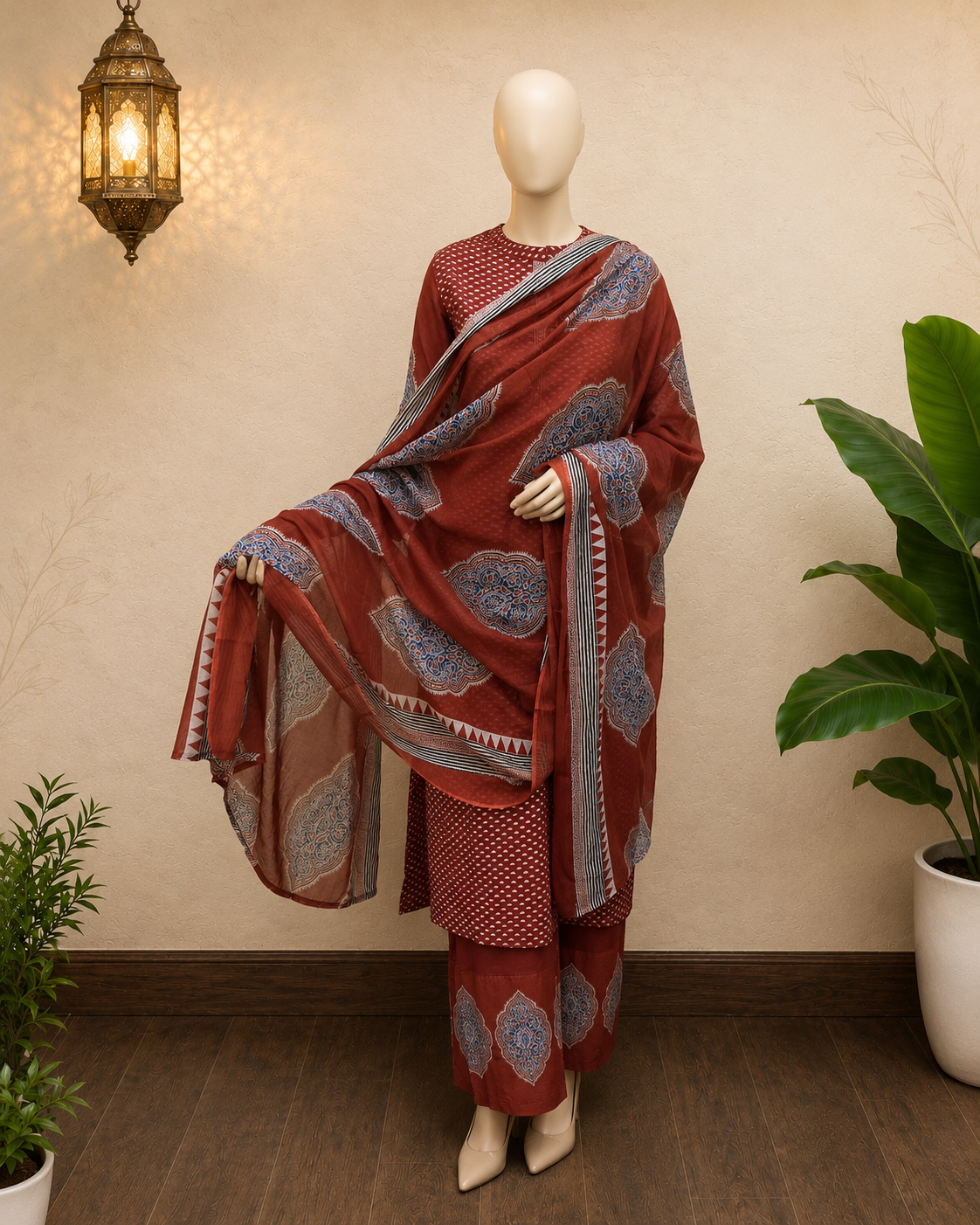 Rust Ajrakh-Style Cotton Printed Suit Set