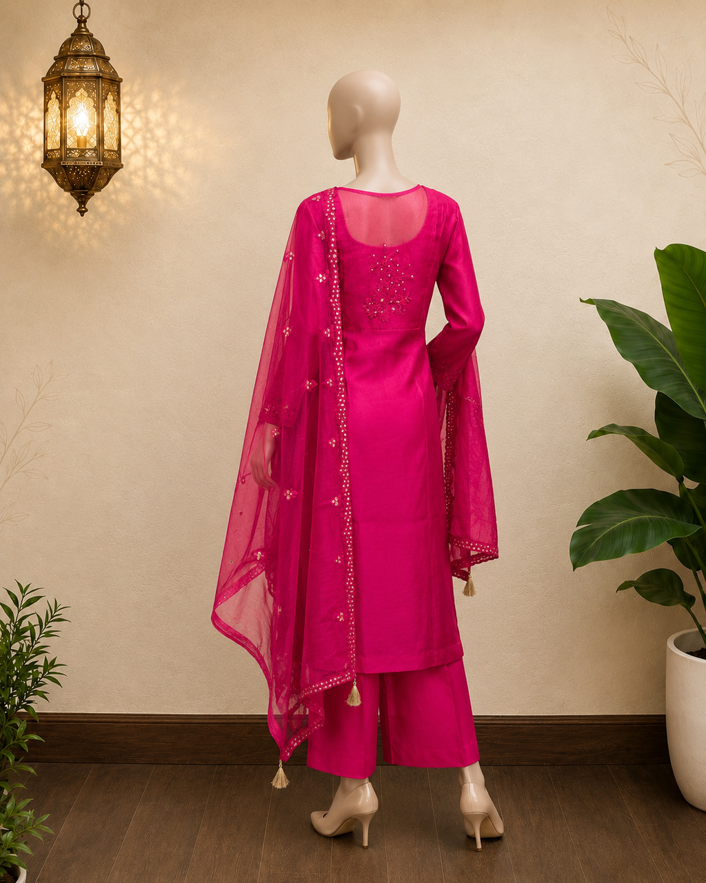 Rani Pink Chanderi Silk Blend Mirror Work Suit Set