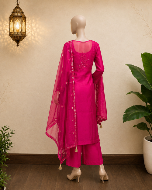 Rani Pink Chanderi Silk Blend Mirror Work Suit Set