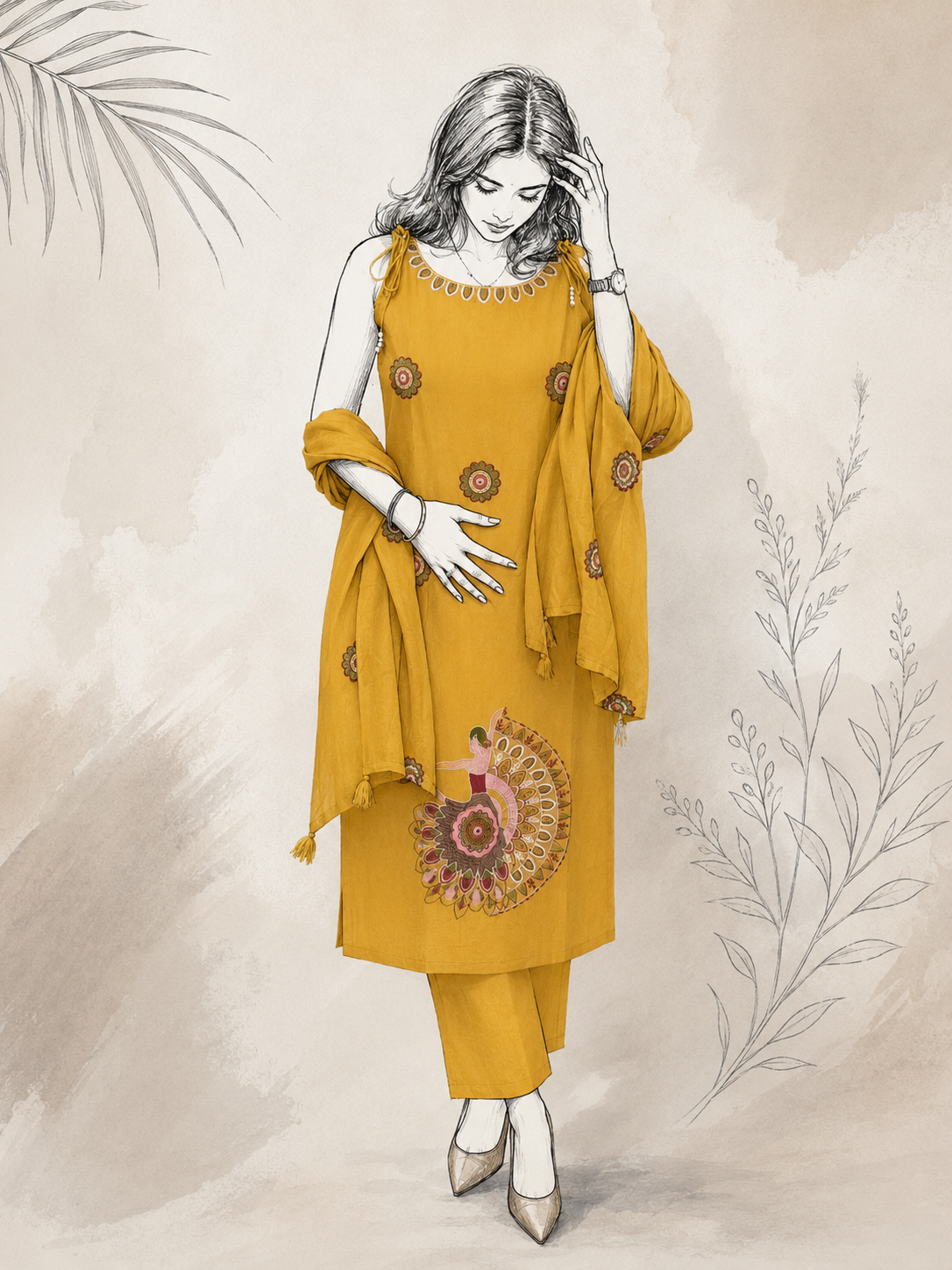 Mustard Slub Cotton Appliqué Embroidered Suit Set