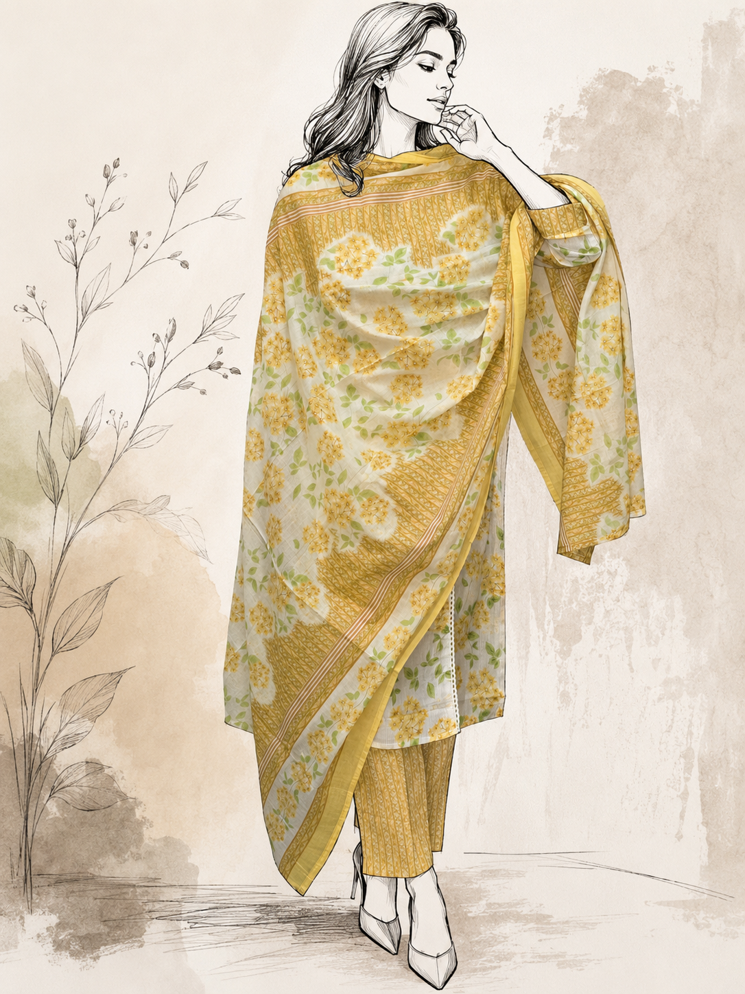 Ivory Mustard Floral Slub Cotton Suit Set