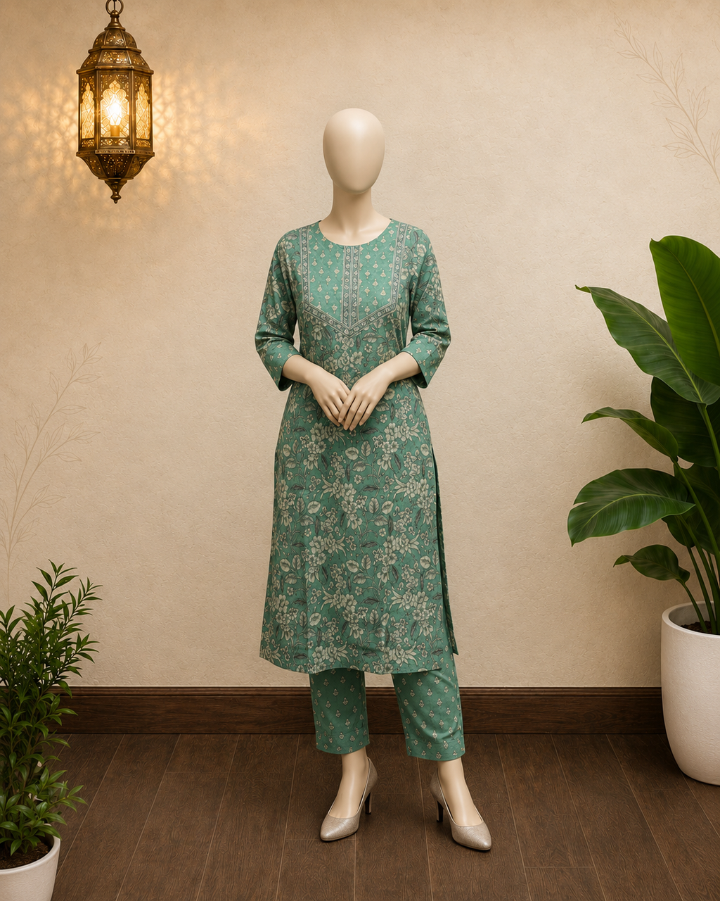 Sage Green Cotton Chanderi Printed Suit Set