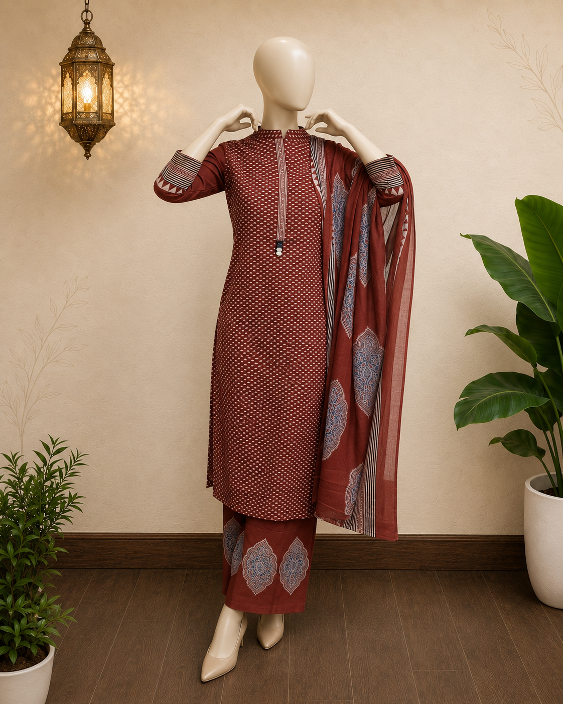 Rust Ajrakh-Style Cotton Printed Suit Set