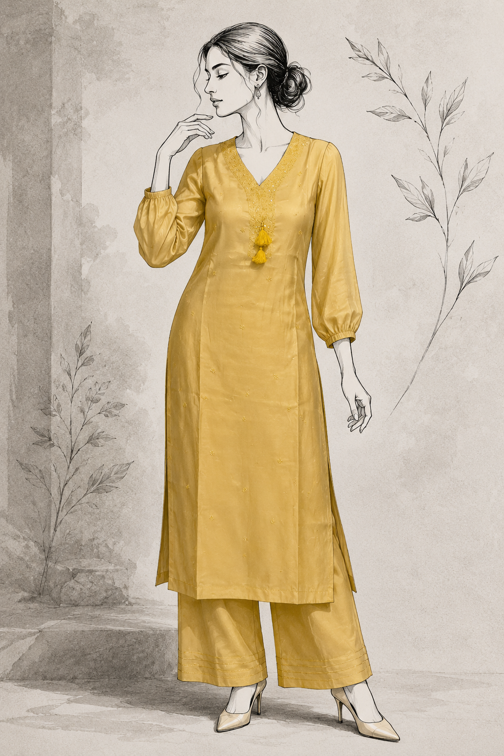 Antique Gold Chanderi Silk Blend Embroidered Suit Set