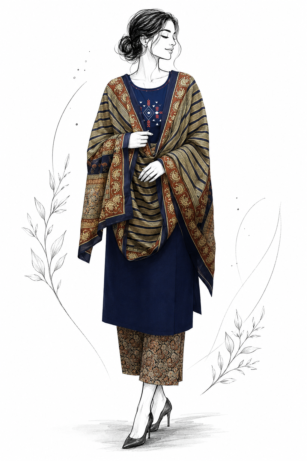 Navy Blue Handcrafted Cotton Mirror Work Suit Set