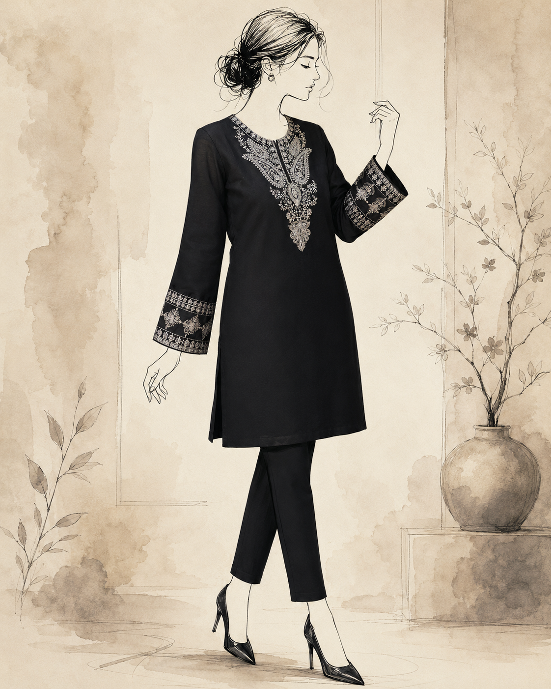 Black Chanderi Embroidered Ethnic Kurta Set