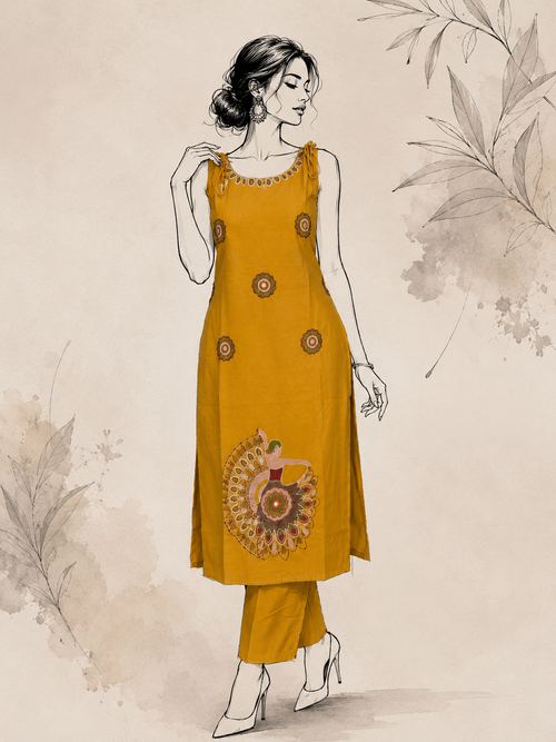 Mustard Slub Cotton Appliqué Embroidered Suit Set