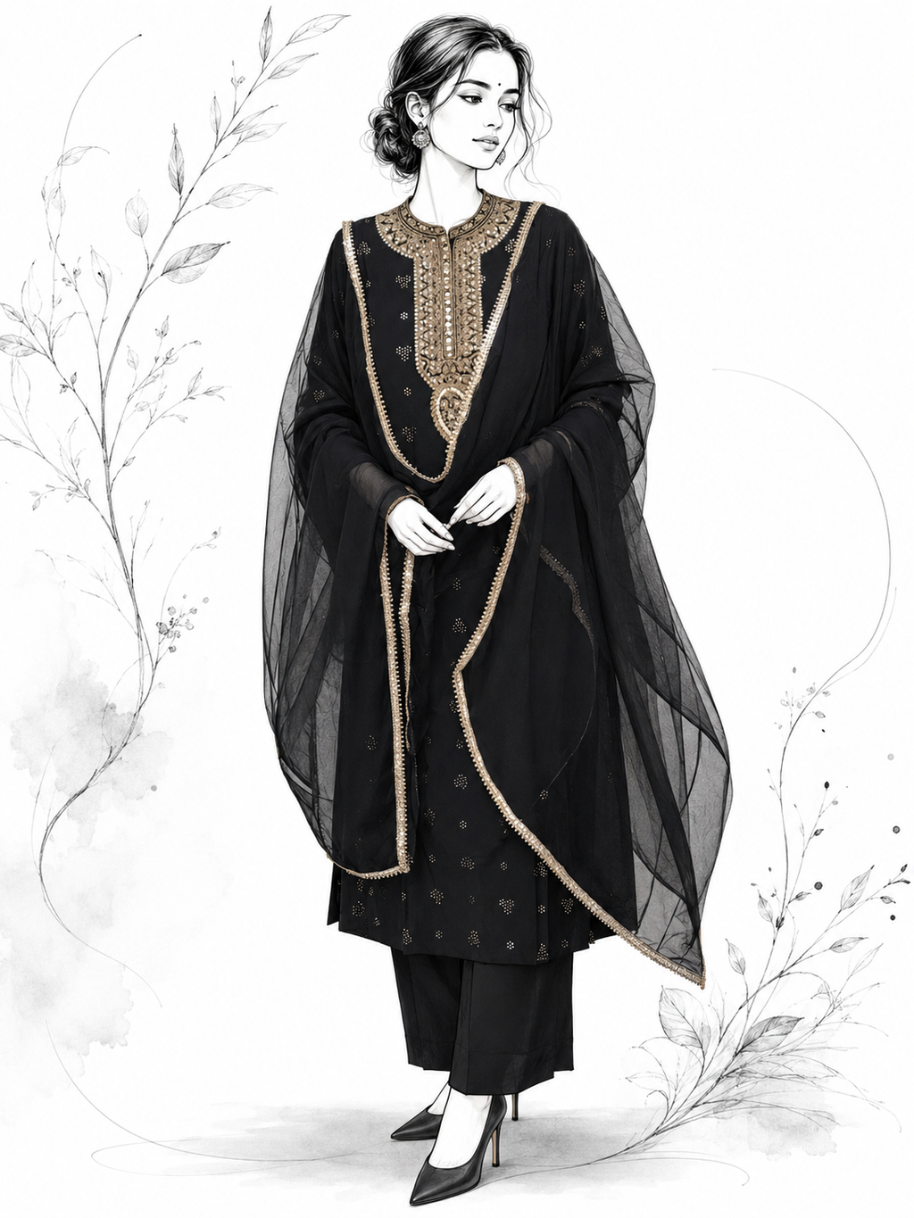 Black Chanderi Silk Blend Zari Embroidered Suit Set
