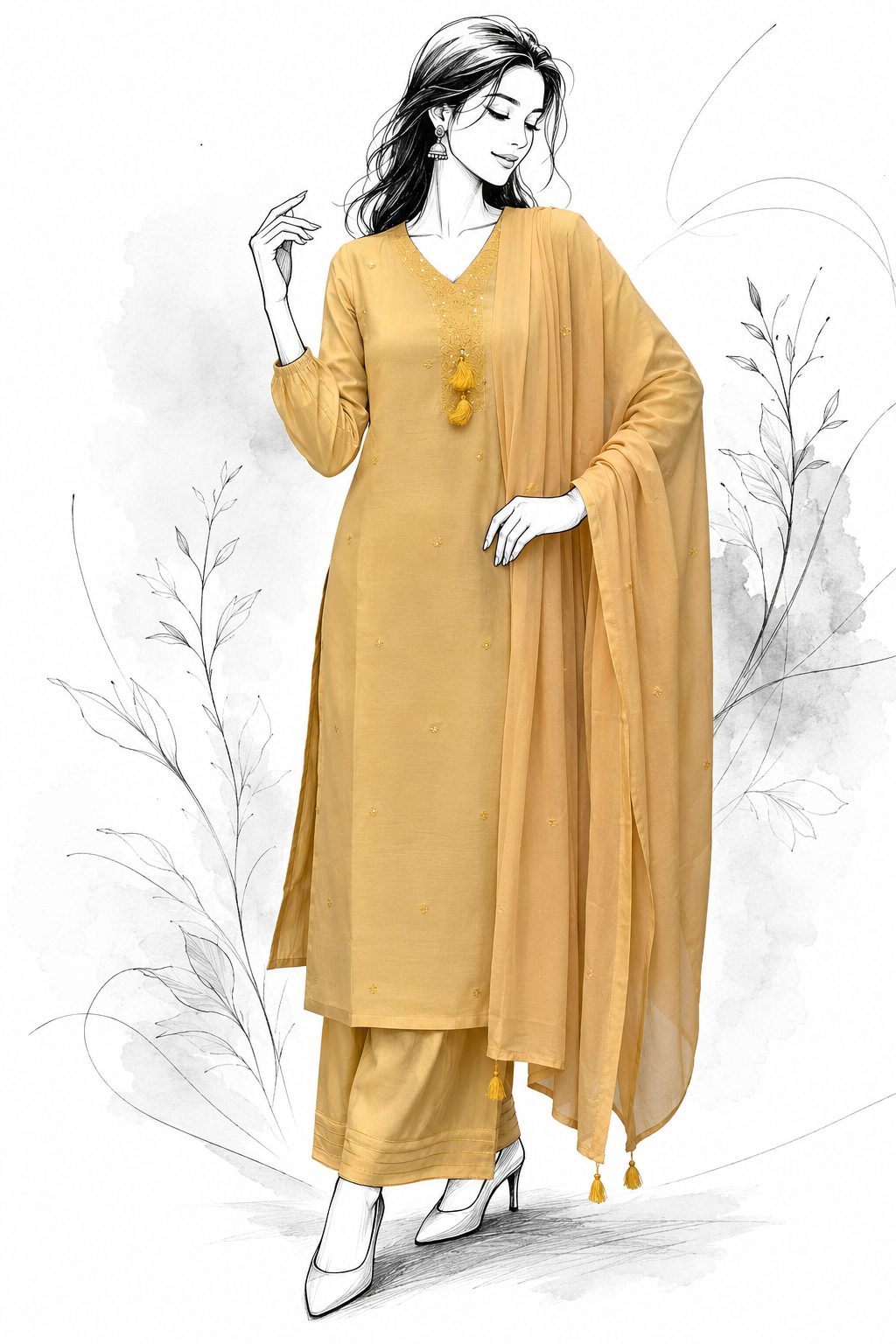 Antique Gold Chanderi Silk Blend Embroidered Suit Set