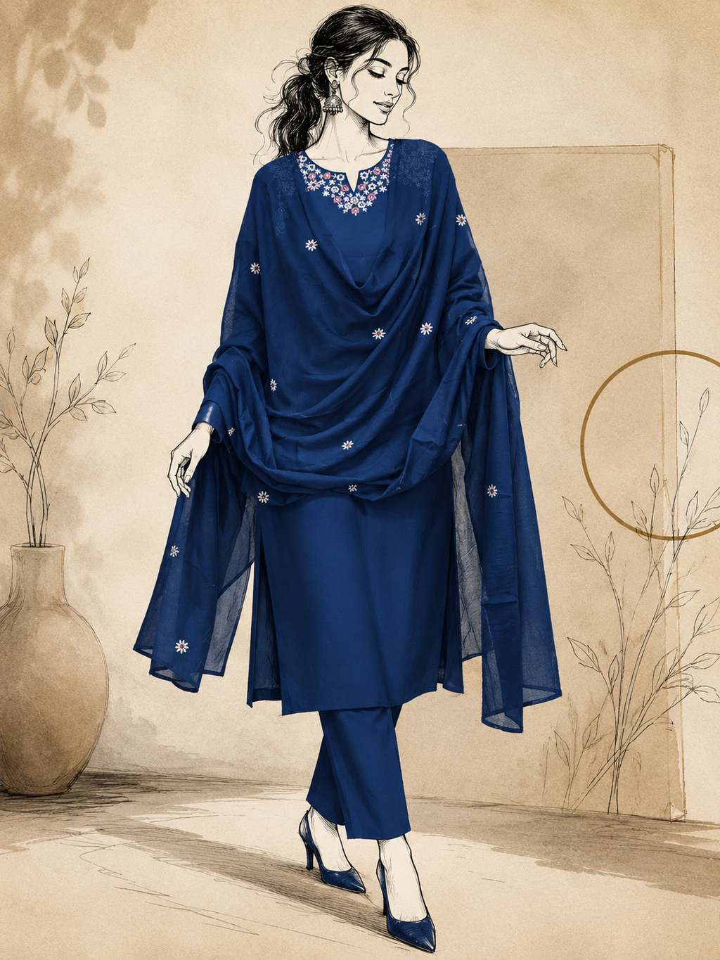 Indigo Blue Cotton Chanderi Embroidered Suit Set
