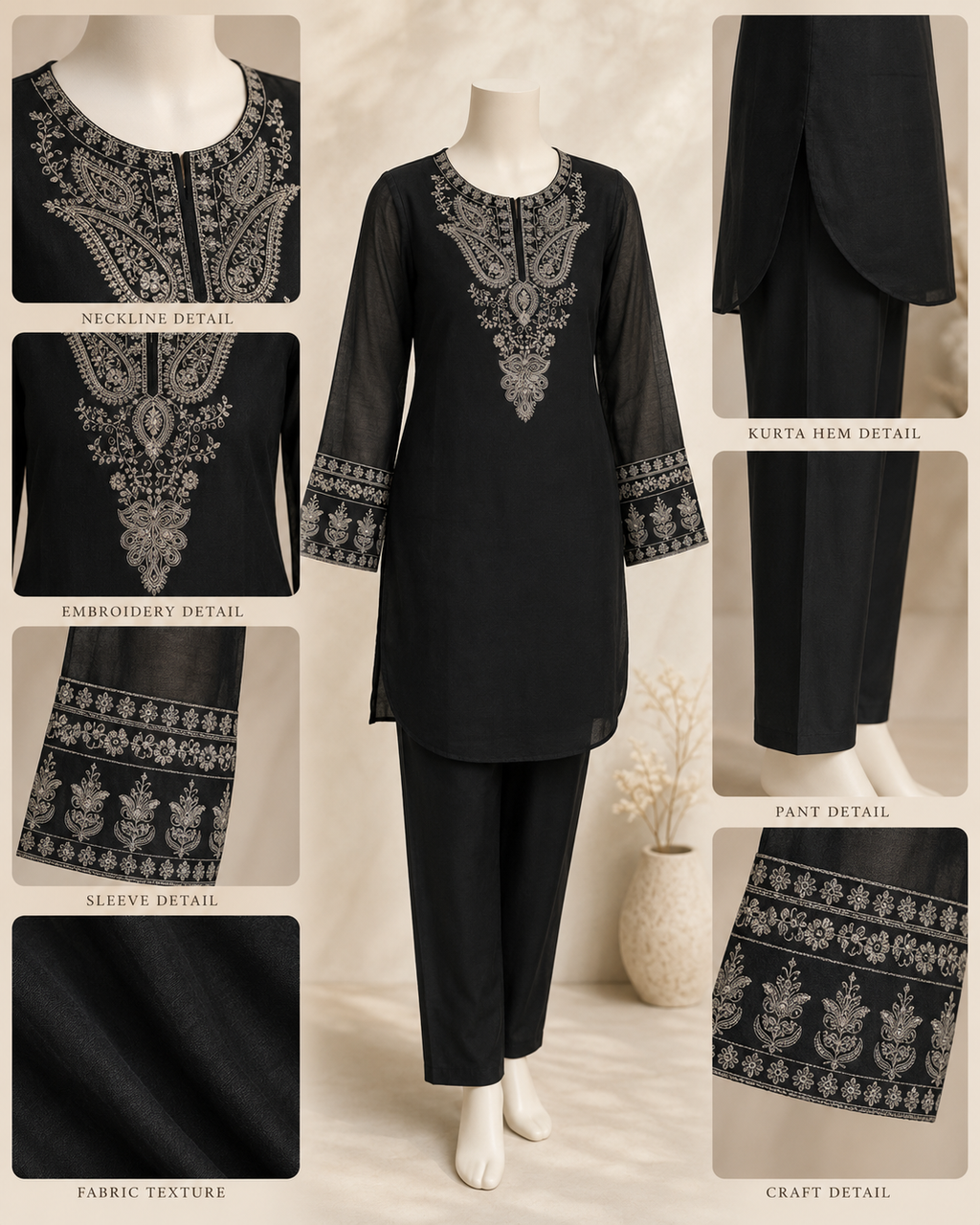 Black Chanderi Embroidered Ethnic Kurta Set