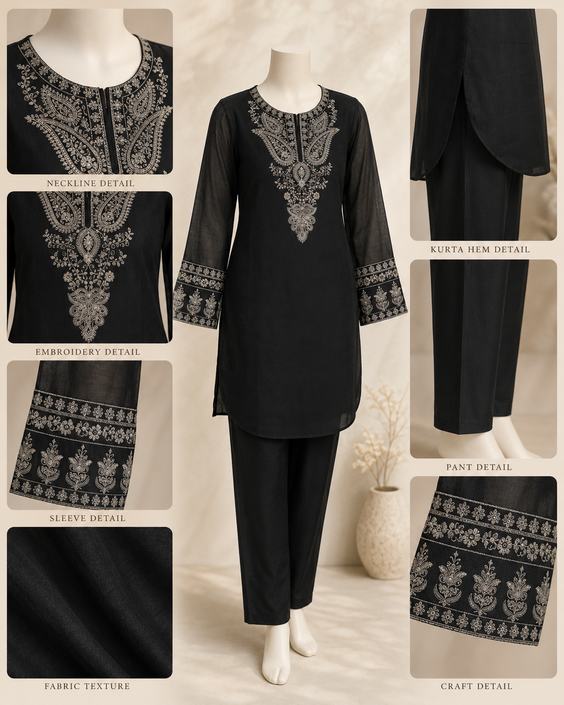 Black Chanderi Embroidered Ethnic Kurta Set